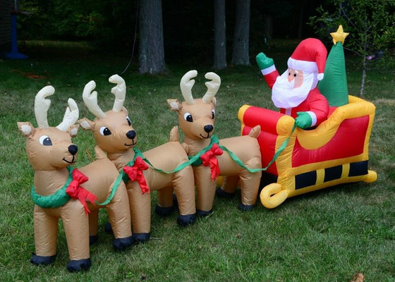 Santa Klaus Dekorasi Liburan Inflatable Dengan Reindeers Double Line Stitched